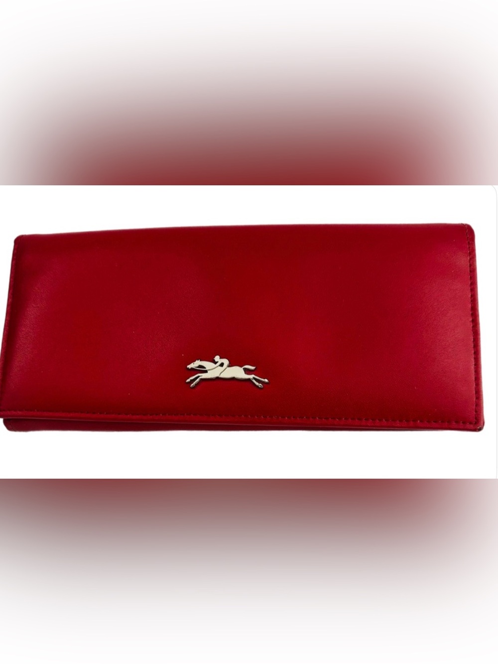 Longchamp Red Leather Continental Wallet with Silver Horse Logo